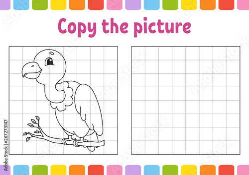 Copy the picture. Coloring book pages for kids. Education developing worksheet. Game for children. Handwriting practice. Funny character. Cute cartoon vector illustration.