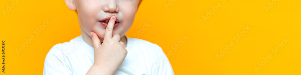 little boy child put his finger on lips, keep silence serious, blonde hair - obrazy, fototapety, plakaty 
