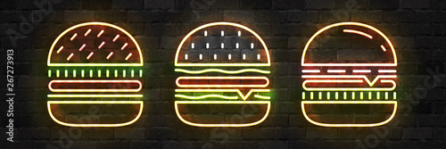 Vector set of realistic isolated neon sign of Burger logo for template decoration and covering on the wall background. Concept of fast food, cafe and restaurant.