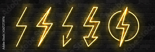 Vector set of realistic isolated neon sign of Electricity logo for template decoration and covering on the wall background. Concept of lightning and energy.