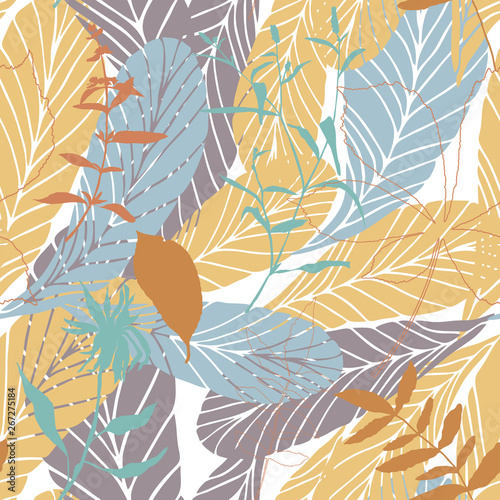Leaves and flowers background. Vector seamless pattern with hand drawn realis...