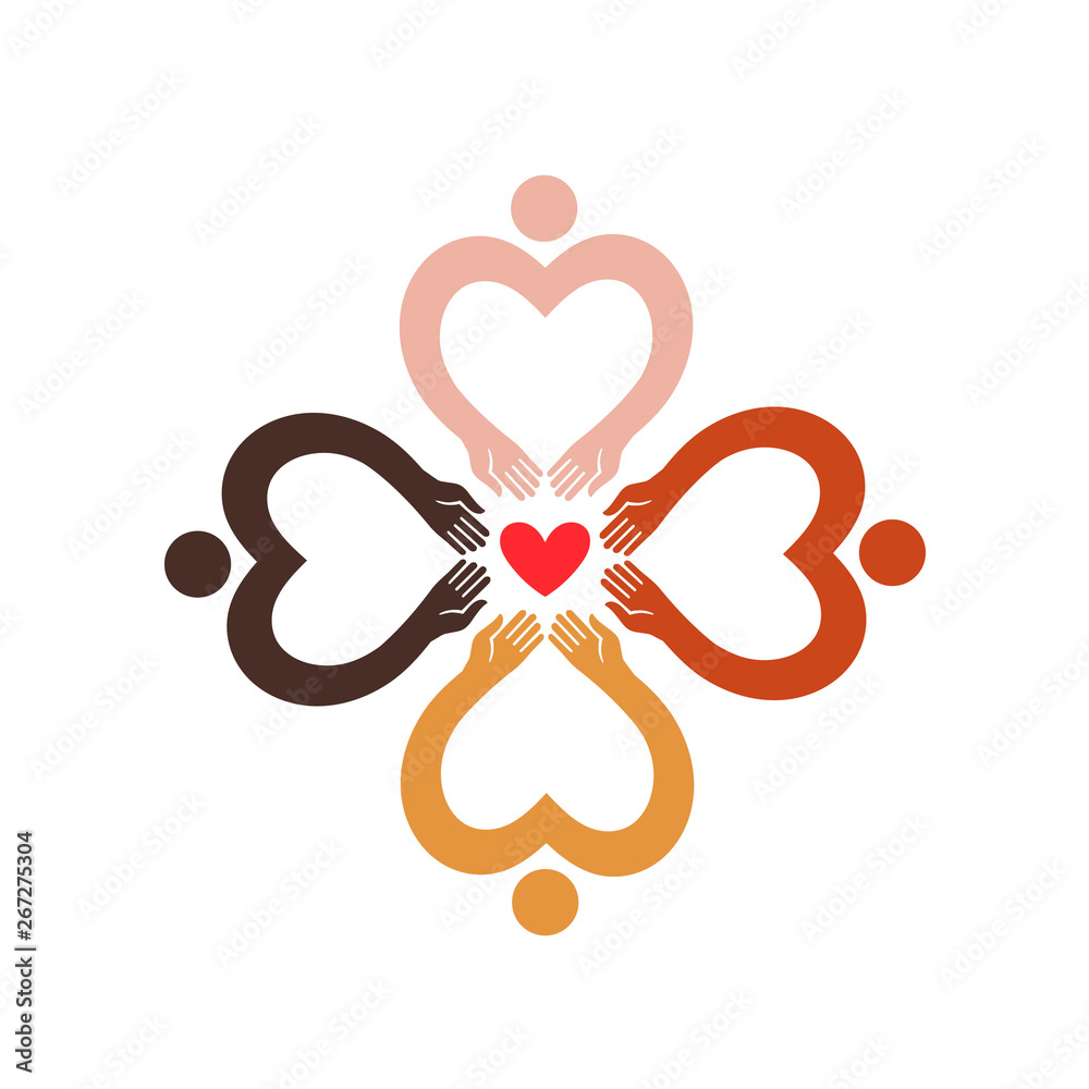 Four human figures with different skin color around the heart. Four human figures with different skin color around the heart.