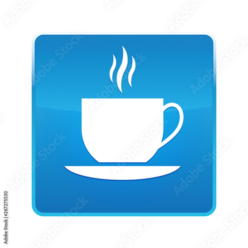 Coffee cup icon shiny blue square button