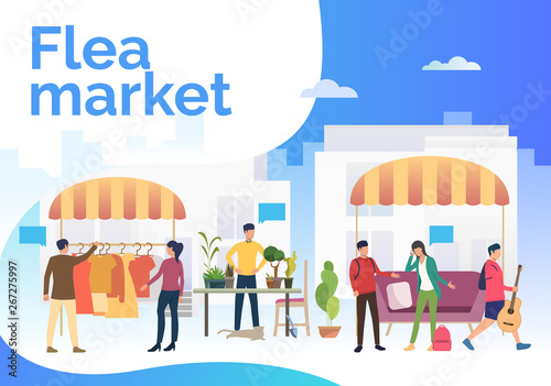 Flea market lettering, people selling clothes and plants outdoors. Buying, retail, marketplace concept. Presentation slide template. Vector illustration for topics like business, shopping, flea market