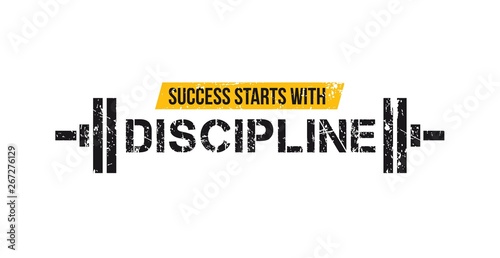 Success starts with discipline motivational gym quote with barbell and grunge effect. Sport motivation. Gym vector design template. photo