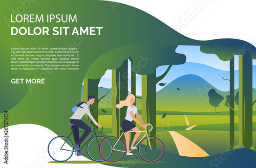 Man and woman riding bicycles, green landscape and sample text. Tourism, activity, leisure concept. Presentation slide template. Vector illustration can be used for topics like summer, holiday, sport