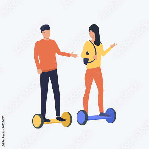 Man and woman riding gyroscooters and chatting. Sport, recreation, leisure concept. Vector illustration can be used for presentation slide, poster, new projects