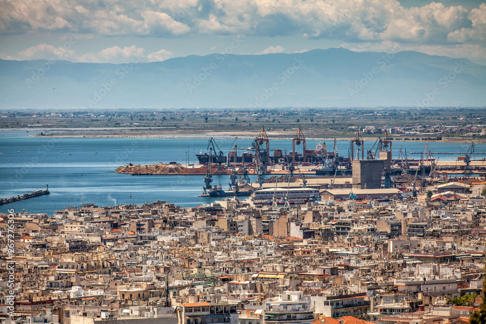 Rare Aerial Panoramic View of Thessaloniki city,  the Port, Summer time
