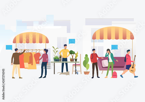 People shopping and selling clothes and plants outdoors. Buying, street, retail, marketplace concept. Vector illustration can be used for topics like business, shopping, flea market