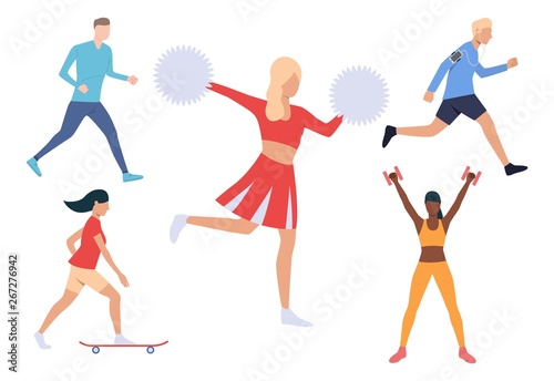 Set of men and women exercising on sportsground. People lifting weight, running, cheerleading, skateboarding. Sport concept. Vector illustration can be used for topics like activity or hobby