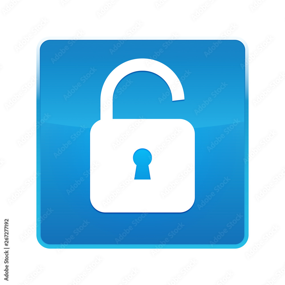 Padlock open icon shiny blue square button Padlock open icon shiny blue square button