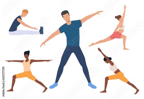 Set of yogi. Men and women doing yoga, holding poses, stretching muscles. Sport concept. Vector illustration can be used for topics like fitness or body training