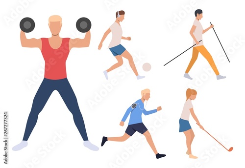 Set of young sporty people. Men and women working in gym, playing football and golf, walking and running. Activity concept. Vector illustration can be used for topics like hobby, sport and fitness