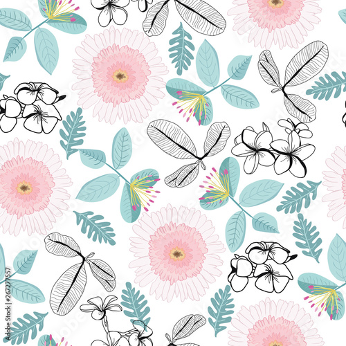 pattern of plumeria and gerbera flowers and leaves on white background.