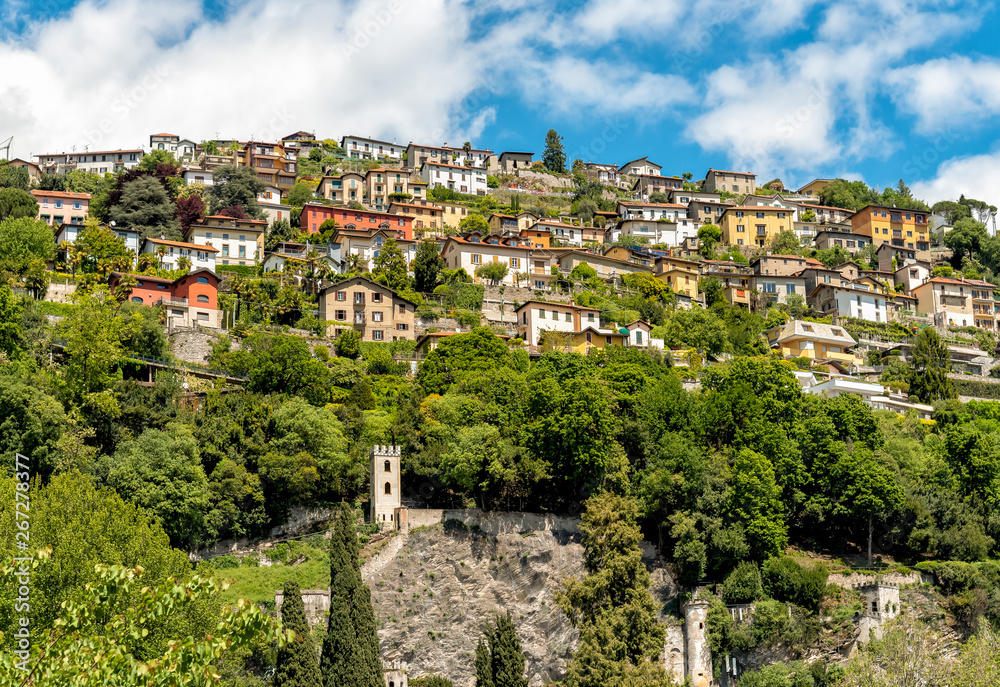 View from below of the small medieval village Rovenna above Cernobbio on Lake Como, Italy
