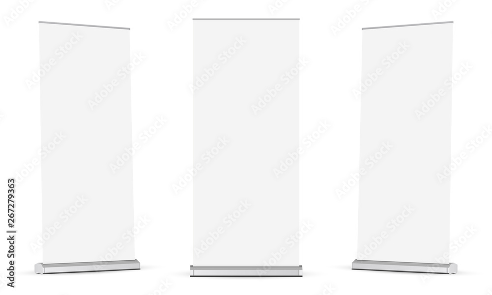 Set of roll up banners mockups isolated on white background. Vector illustration