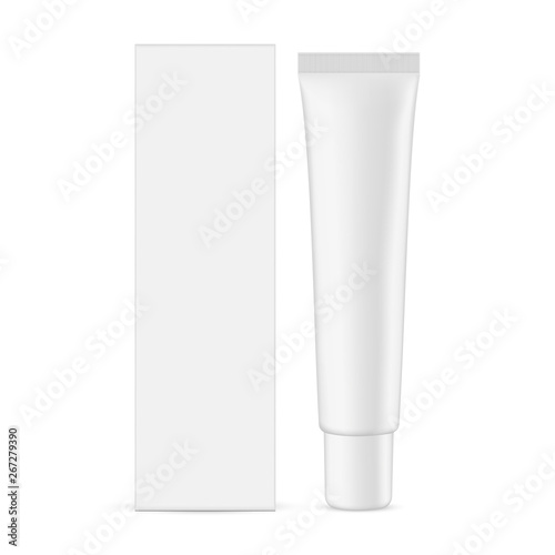 Plastic cosmetic tube with cardboard rectangular box mockup isolated on white background - front view. Vector illustration
