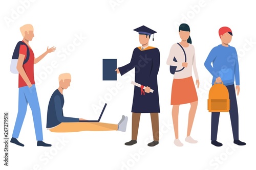 Collection of people getting masters degree. Flat cartoon characters attending university. Vector illustration can be used for promo, video, leaflet
