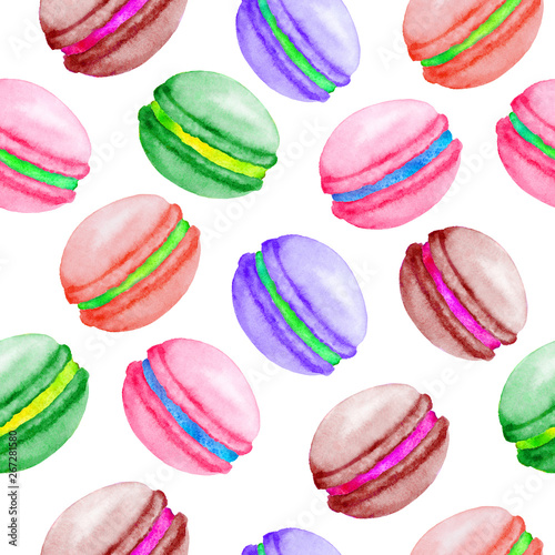 Seamless pattern with colorful macaroons. Hand-drawn watercolor illustration