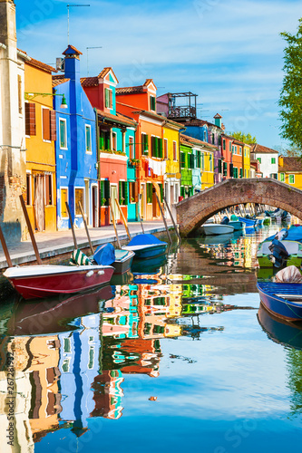 Colorful houses on the canal in Burano island, Venice, Italy.