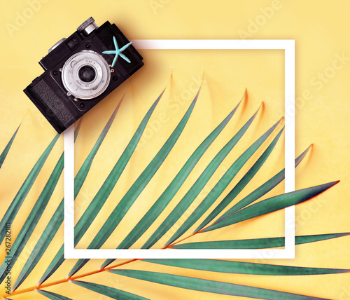 Flat lay of retro photo camera, photo frame and palm leaves against yellow background minimal creative tropical concept.