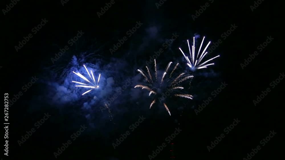 Bright festive fireworks in the dark night sky. Time laps Bright festive fireworks in the dark night sky. Time laps