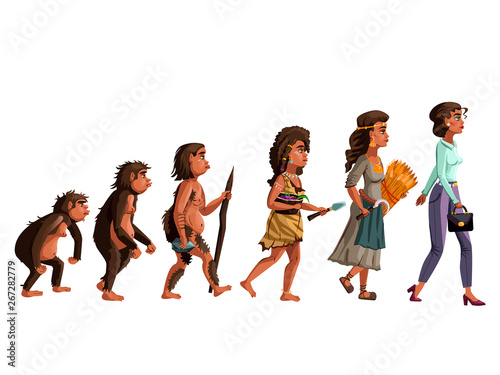 Woman evolution vector cartoon illustration concept. Female development process from monkey, erectus primate Australopithecus, hunter and gatherer of Stone Age, farmer to modern fashion woman