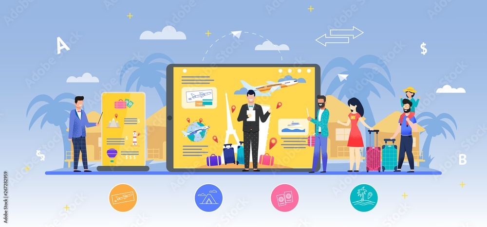 Vacation Expo with Guides and Visitors Flat Vector Illustration. Digital Exhibition Stands, Consultants Offering Best Tours and Itineraries. Family and Single Man Examining Desk Advertising