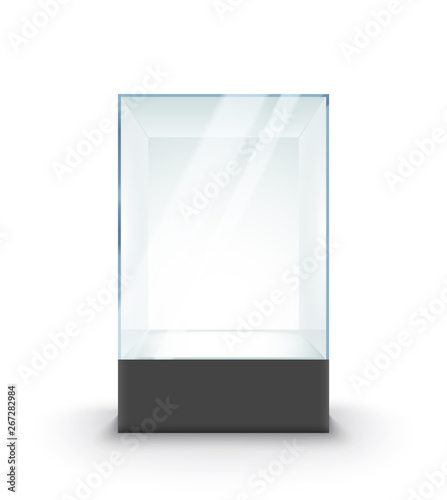 Empty Glass Showcase on pedestal. Museum glass box isolated advertising or business design boutique