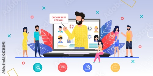 Online Acquaintance Exhibition Flat Cartoon Vector. Man on Monitor Propose Do Best Choice. Unfamiliar Men and Women Couples Become Friends Using Phones and at Meeting. Dating Agency Illustration