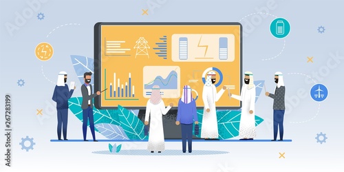 International Expo Stand Exhibition for Arabs Man. Caucasian Businessman Presents New Product. Arabian People Looking at Promotion Stands, Discussing Promotion, Talking to Speaker. Vector Illustration