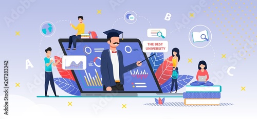 Application for Online Searching Best University. Laptop with Comparative Graphs, Charts to Do Best Choice for Higher Education. Online Consultant Helps Girl to Make Decision. Vector Flat Illustration