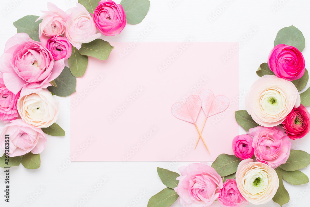 Beautiful colored ranunculus flowers on a white background. Spring greeting card. Beautiful colored ranunculus flowers on a white background. Spring greeting card.
