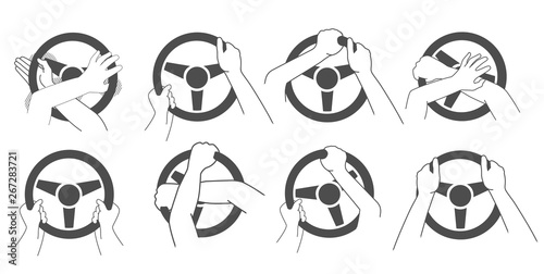 Man's hands on the steering wheel. Simple vector set