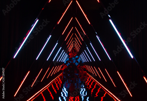 Abstract triangle corridor of tube lights that form a lit tunnel in white and red for an unique scifi background or technology element.