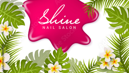 Nail salon business card design. Manicure beauty salon banner with tropic leaves and flower