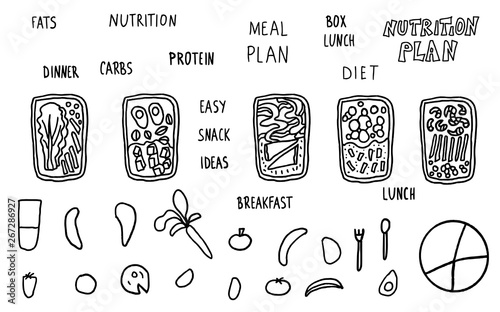 Health food vector set. Lunch boxes with meal.