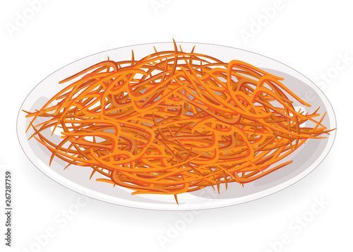 Ripe beautiful carrots on a plate. Grate the grated vegetables. Cooking Korean carrot. Tasty, healthy food. Vector illustration