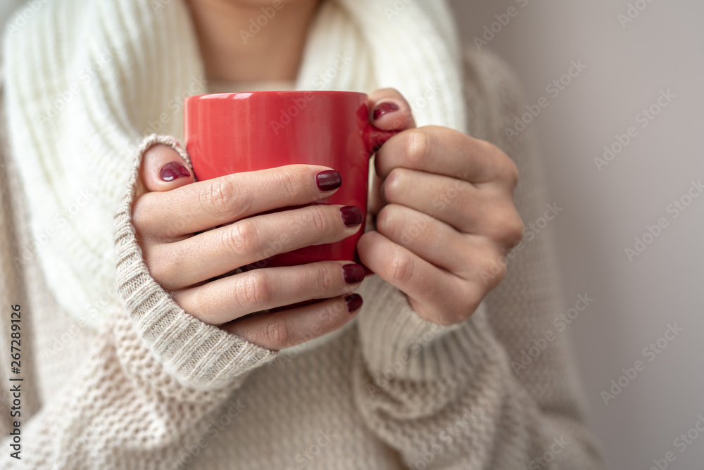 Young woman holds a cup with a hot drink in her hands. Young woman holds a cup with a hot drink in her hands.