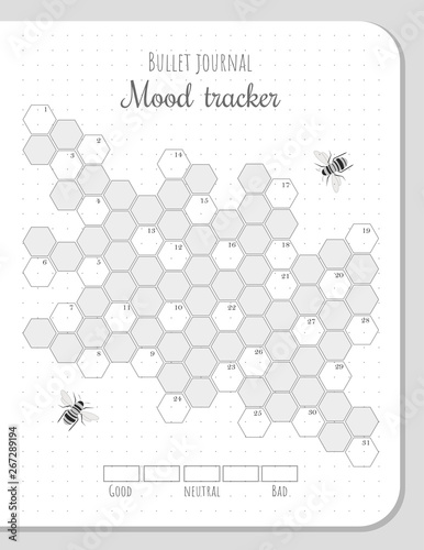 Mood tracker with honeycombs and bees for 31 days of a month. Bullet journal monochrome blank page template with numbers for each day. photo