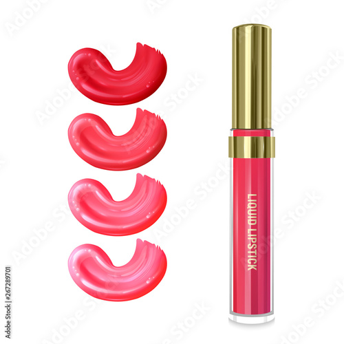Liquid lipstick, Lip gloss in elegant bottle, close container with brush and smears of pink lipstick from bright red to light pink colors on white background. Vector EPS 10 illustration