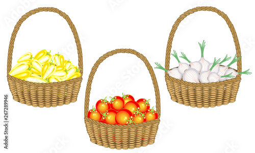Collection.Soran is a rich harvest. In a beautiful wicker basket fresh peppers, onions, tomatoes. Vegetables are needed for cooking delicious food. Vector illustration set photo