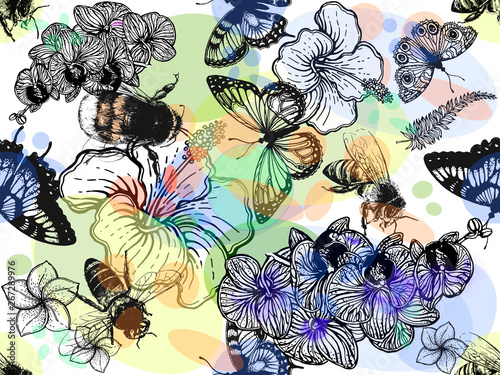 Seamless pattern of hand drawn sketch style insects and tropical flowers isolated on white background. Vector illustration.