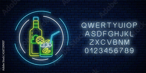 Neon sign of tequila bar with bottle and drink in glass with alphabet. Mexican drink emblem in neon style.