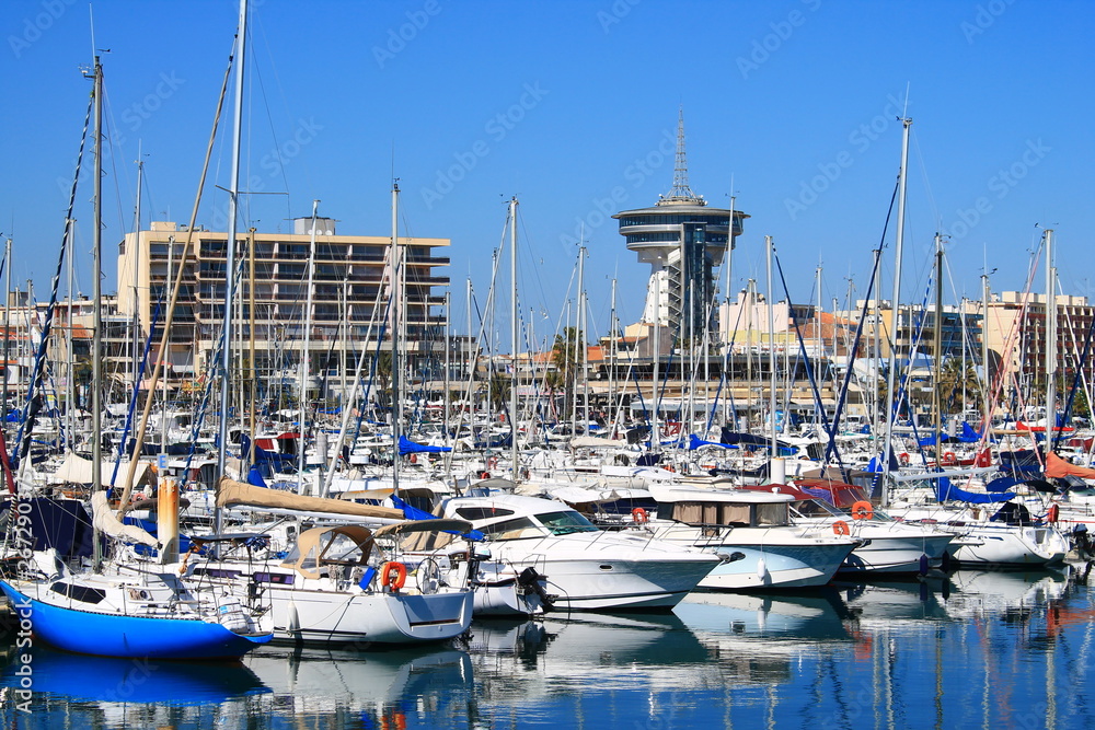 Marina and the lighthouse of the Mediterranean, an ancient water tower in Palavas les flots, a seaside resort of the Languedoc coast in the south of Montpellier