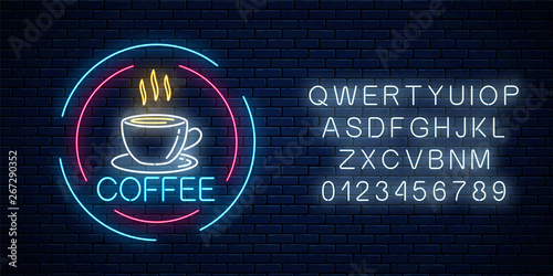 Glowing neon coffee cup icon in circle frames with alphabet. Light effect hot beverage or cafe sign.