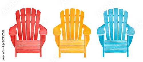 Colorful outdoor lounge chair collection. Cute summer time illustration. Hand drawn watercolour graphic drawing, cutout clip art elements for creative design decoration, print, greeting card, frame.