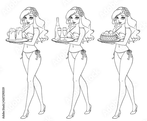 Pretty cartoon girl in bikini swimsuit holding beer, champagne and cake. Hand drawn contour vector illustration.