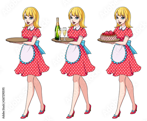 Set of blondie waitresses holding champagne and cake, wearing pink dotted maid costume.