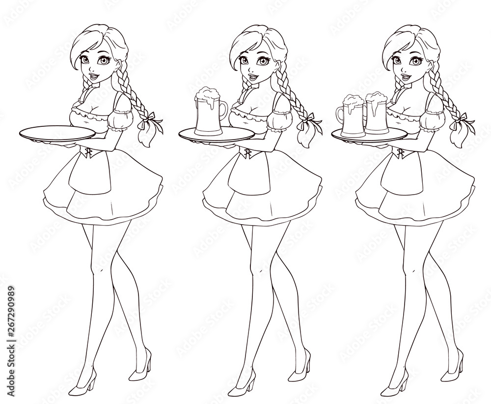 Cartoon Sexy Waitress Holding Beer Hand Drawn Vector Illustration For